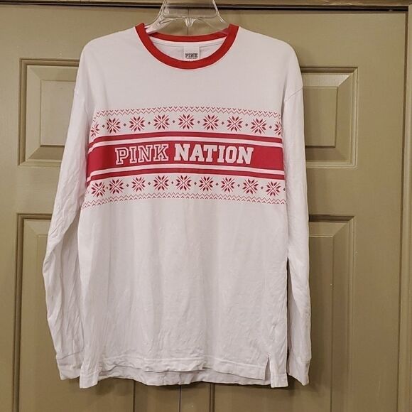 Victoria's Secret Pink red and white holiday themed Pink Nation long sleeve top - Picture 1 of 7